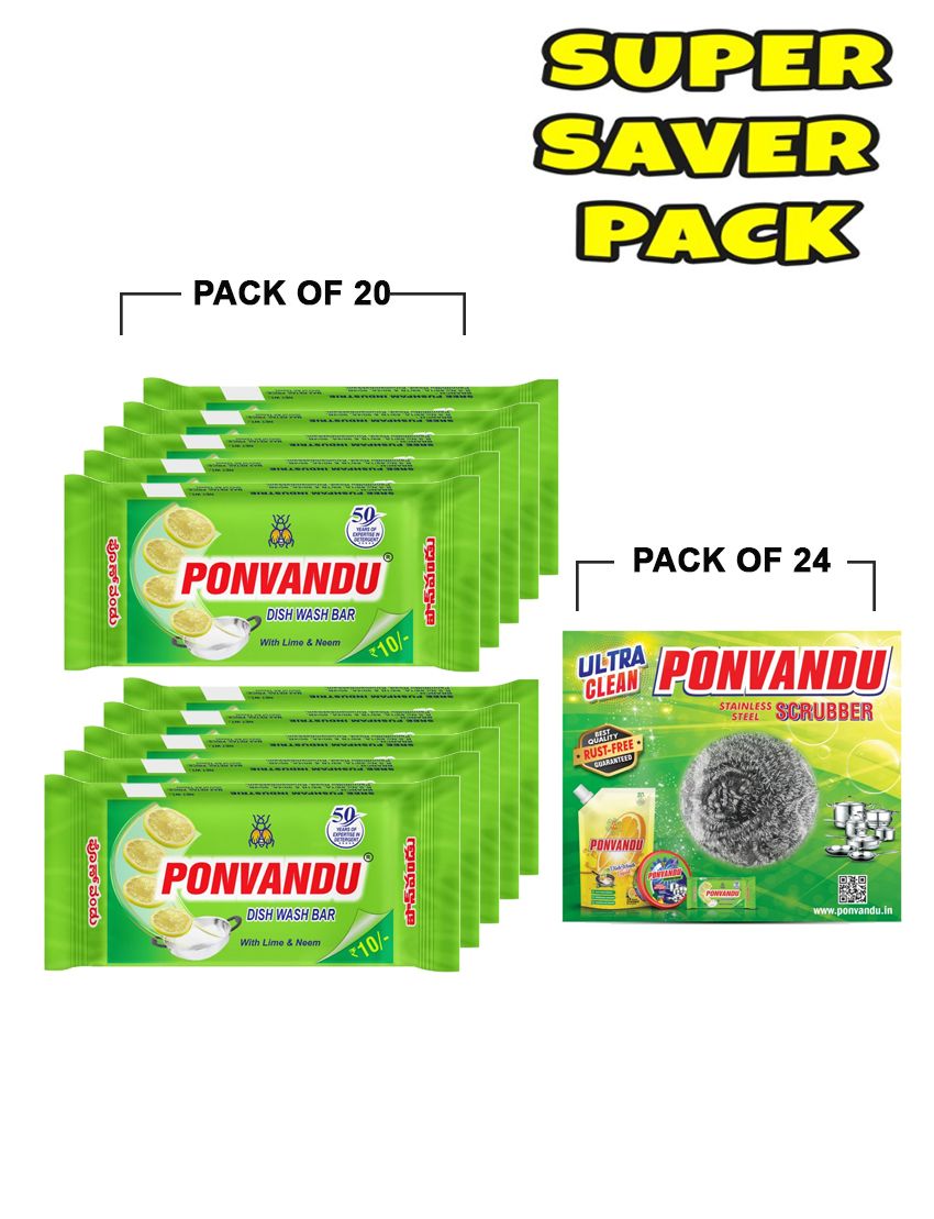 Ponvandu Dishwash Bar-145g - 20 Nos + Steel Scruber Pad 15g 24 Nos