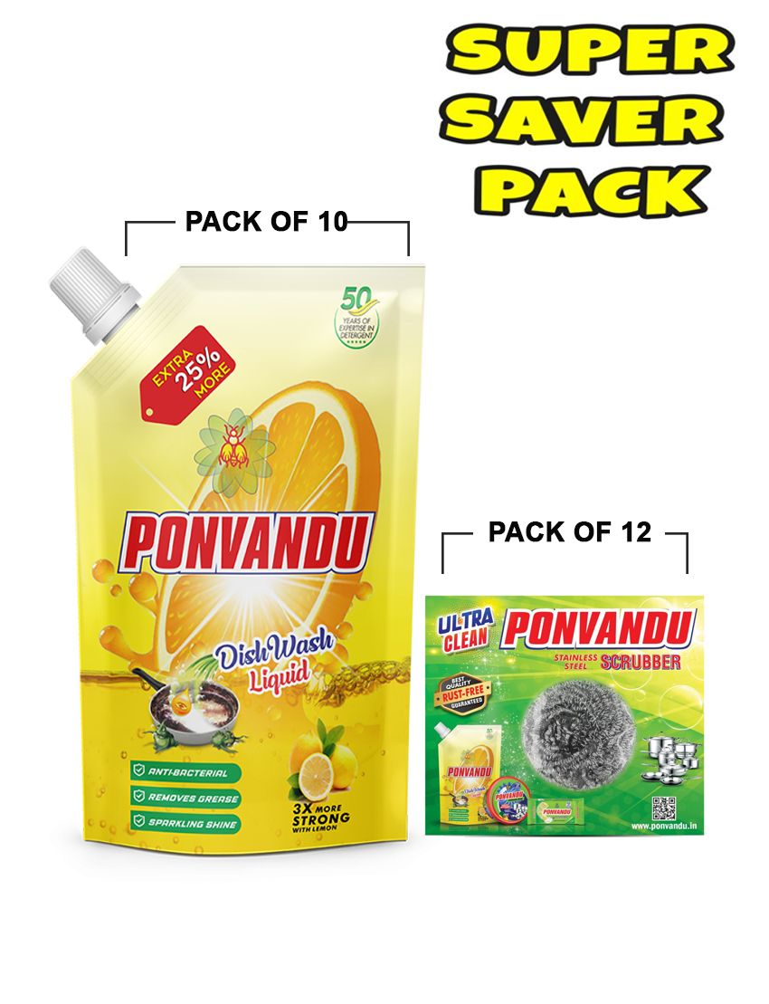 Ponvandu dishwash Liquid 175 ML -10 Nos + Ponvandu steel Scruber Pad 15g - 24 Nos
